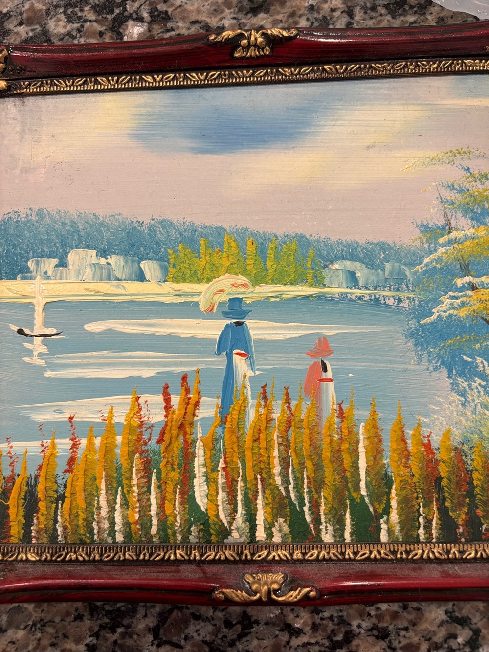 Framed OIL PAINTING Martha's Vineyard Cape Cod Sunset Lake Woman Girl Boat - Picture 3 of 8